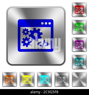 Application programming interface engraved icons on rounded square glossy steel buttons Stock Vector