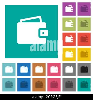 Single wallet multi colored flat icons on plain square backgrounds. Included white and darker icon variations for hover or active effects. Stock Vector