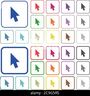 Mouse cursor color flat icons in rounded square frames. Thin and thick versions included. Stock Vector