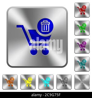 Delete from cart engraved icons on rounded square glossy steel buttons Stock Vector