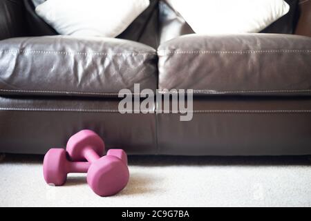 Pair of dumbbells on carpet next to couch or settee in home. Theme or concept home workout, workout from home, keep fit, weightlift, health. Stock Photo