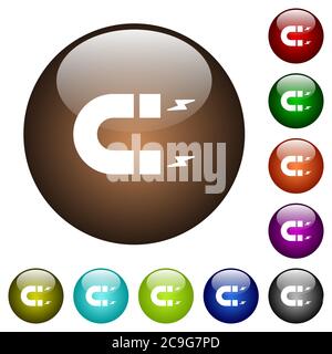 Horseshoe magnet white icons on round color glass buttons Stock Vector