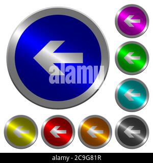 Left arrow icons on round luminous coin-like color steel buttons Stock Vector