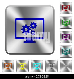 Screen settings engraved icons on rounded square glossy steel buttons Stock Vector
