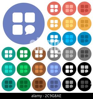 Message component multi colored flat icons on round backgrounds. Included white, light and dark icon variations for hover and active status effects, a Stock Vector