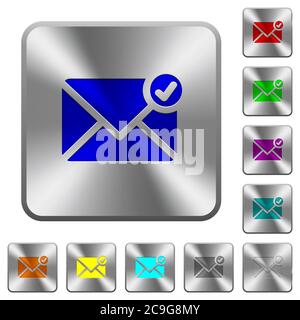 Mail sent engraved icons on rounded square glossy steel buttons Stock Vector