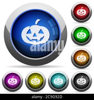 Halloween pumpkin icons in round glossy buttons with steel frames Stock Vector