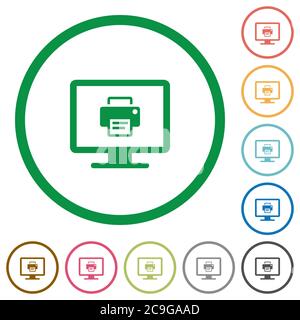 Print screen flat color icons in round outlines on white background Stock Vector