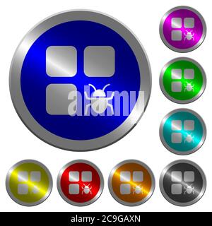 Component bug icons on round luminous coin-like color steel buttons Stock Vector