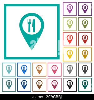 Restaurant GPS map location flat color icons with quadrant frames on white background Stock Vector