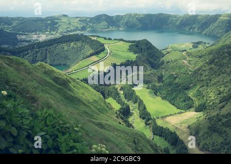 Aerial view of Boca do Inferno - lakes in Sete Cidades volcanic craters on San Miguel island, Azores, Portugal Stock Photo