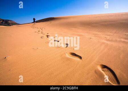 A hiker explores Coral Pink Sand Dunes State Park in Utah. Stock Photo