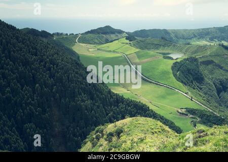 Aerial view of Boca do Inferno - lakes in Sete Cidades volcanic craters on San Miguel island, Azores, Portugal Stock Photo