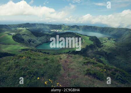 Aerial view of Boca do Inferno - lakes in Sete Cidades volcanic craters on San Miguel island, Azores, Portugal Stock Photo