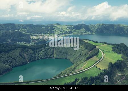 Aerial view of Boca do Inferno - lakes in Sete Cidades volcanic craters on San Miguel island, Azores, Portugal Stock Photo