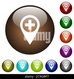 Add new GPS map location white icons on round color glass buttons Stock Vector