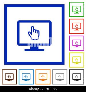 Monitor with pointing cursor flat color icons in square frames on white background Stock Vector