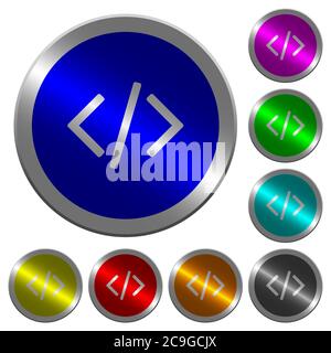 Script code icons on round luminous coin-like color steel buttons Stock Vector