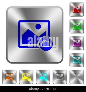 Cloud image engraved icons on rounded square glossy steel buttons Stock Vector