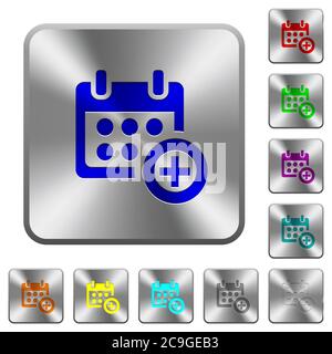 Add to calendar engraved icons on rounded square glossy steel buttons Stock Vector