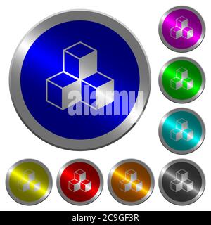 Cubes icons on round luminous coin-like color steel buttons Stock Vector