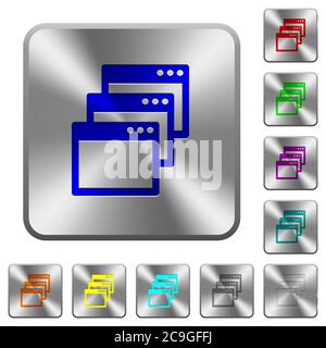 Cascade window view mode engraved icons on rounded square glossy steel buttons Stock Vector