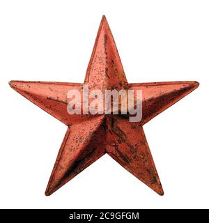 Isolated objects: old metal red star, weathered and rusty, on white background Stock Photo