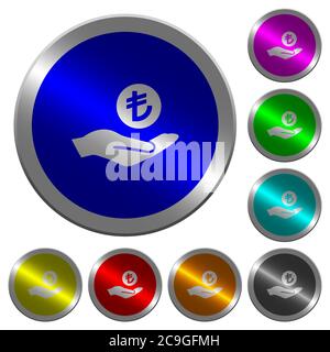 Turkish Lira earnings icons on round luminous coin-like color steel buttons Stock Vector