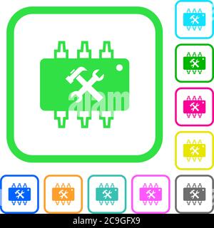 Hardware maintenance vivid colored flat icons in curved borders on white background Stock Vector