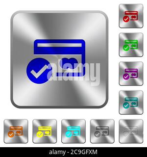 Credit card verified engraved icons on rounded square glossy steel buttons Stock Vector