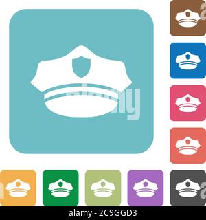 Police hat white flat icons on color rounded square backgrounds Stock Vector