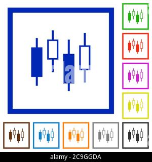 Candlestick chart flat color icons in square frames on white background Stock Vector