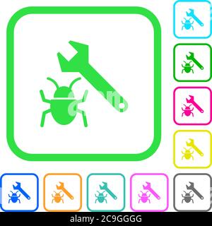 Bug fixing vivid colored flat icons in curved borders on white background Stock Vector