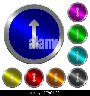 Resize vertical icons on round luminous coin-like color steel buttons Stock Vector
