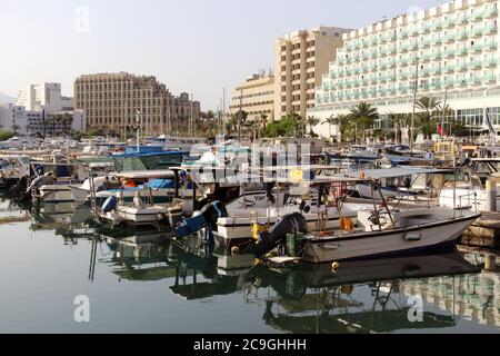 Yachts and boats in marina of Eilat. Israel April, 29-2017 Stock Photo