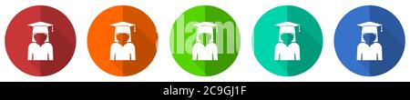 Graduate icon set, education, female student, red, blue, green and orange flat design web buttons isolated on white background, vector illustration Stock Vector