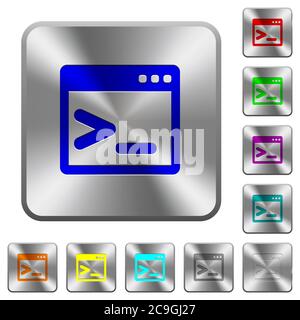 Command prompt engraved icons on rounded square glossy steel buttons Stock Vector