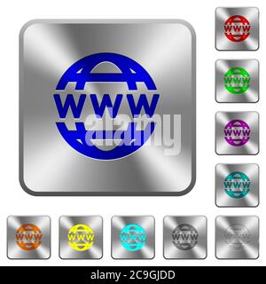 WWW globe engraved icons on rounded square glossy steel buttons Stock Vector