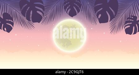 romantic night background with full moon and palm tree leaves vector illustration EPS10 Stock Vector