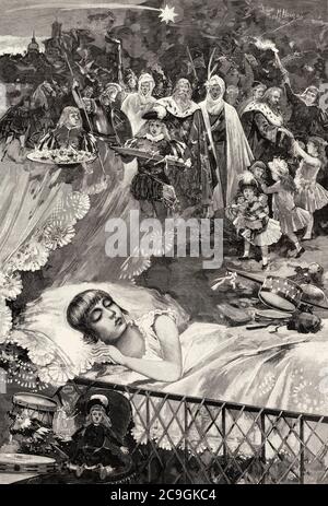 19th century girl sleeping waiting for gifts on the night of the three wise men, drawing by Manuel Alcázar Ruiz (1858 - 1914) Spanish painter, illustrator, draftsman and printmaker, Spain. Old XIX century engraved illustration from La Ilustracion Española y Americana 1890 Stock Photo
