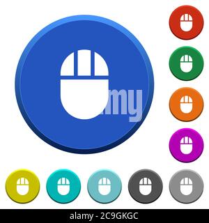Three buttoned computer mouse round color beveled buttons with smooth surfaces and flat white icons Stock Vector