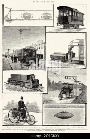 Electric traction at the end of the 19th century. Thomson-Houston electric tram system, Sprague tandem electric station, Brooklyn tram, Sandwell electric tram, Immisch electric locomotive, Slattery electric tricycle, Point-du-Jour Submarine. Old XIX century engraved illustration from La Ilustracion Española y Americana 1890 Stock Photo