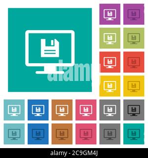 Save display settings multi colored flat icons on plain square backgrounds. Included white and darker icon variations for hover or active effects. Stock Vector