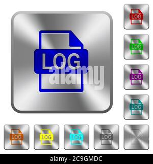 LOG file format engraved icons on rounded square glossy steel buttons Stock Vector