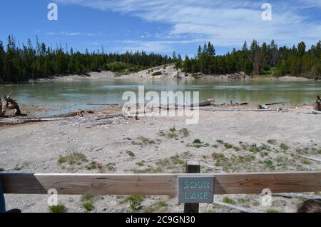 YELLOWSTONE NATIONAL PARK, WYOMING - JUNE 8, 2017: Sour Lake in the Mud Volcano Area Along the Grand Loop Road near Yellowstone Lake Stock Photo