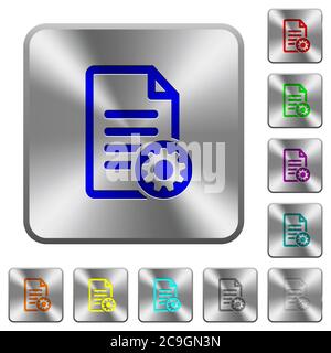 Document settings engraved icons on rounded square glossy steel buttons Stock Vector