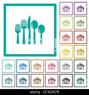 Cutlery flat color icons with quadrant frames on white background Stock Vector