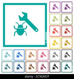 Bug fixing flat color icons with quadrant frames on white background Stock Vector