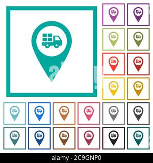 Transport service GPS map location flat color icons with quadrant frames on white background Stock Vector