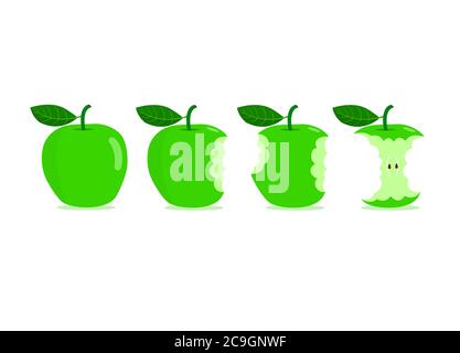 Green apples with bite marks isolated on white background. Bite marks on green apples. Stock Vector